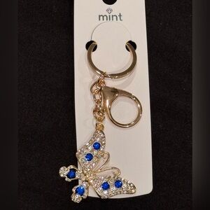 BAG CHARM Mint Gold Filigree Butterfly with Blue Crystal Accents Keychain